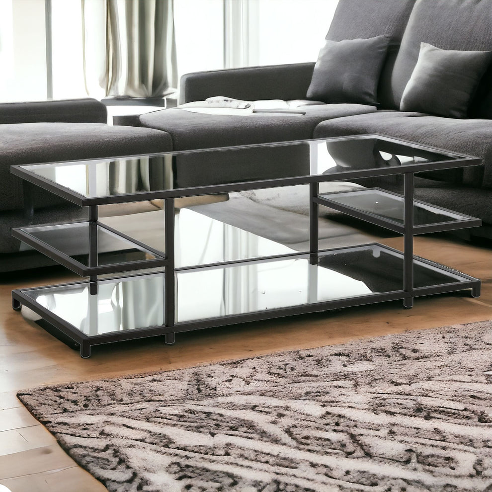 Black Glass And Steel Coffee Table With Three Shelves By Homeroots | Coffee Tables | Modishstore - 2
