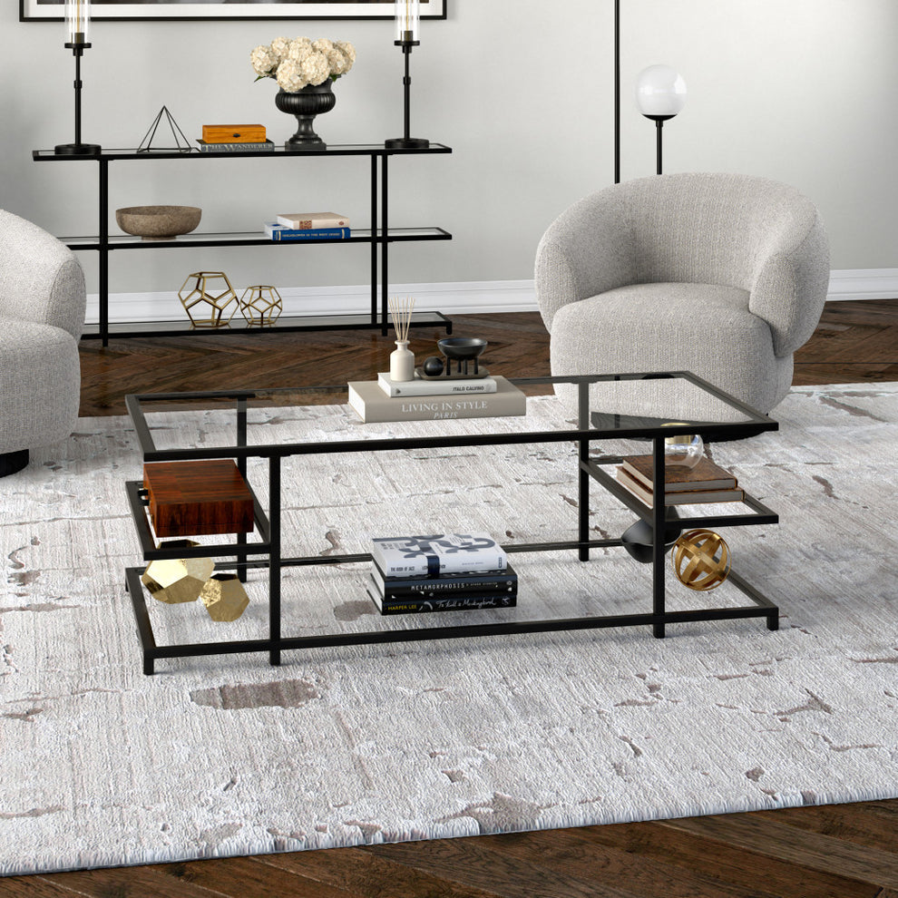 Black Glass And Steel Coffee Table With Three Shelves By Homeroots | Coffee Tables | Modishstore - 4