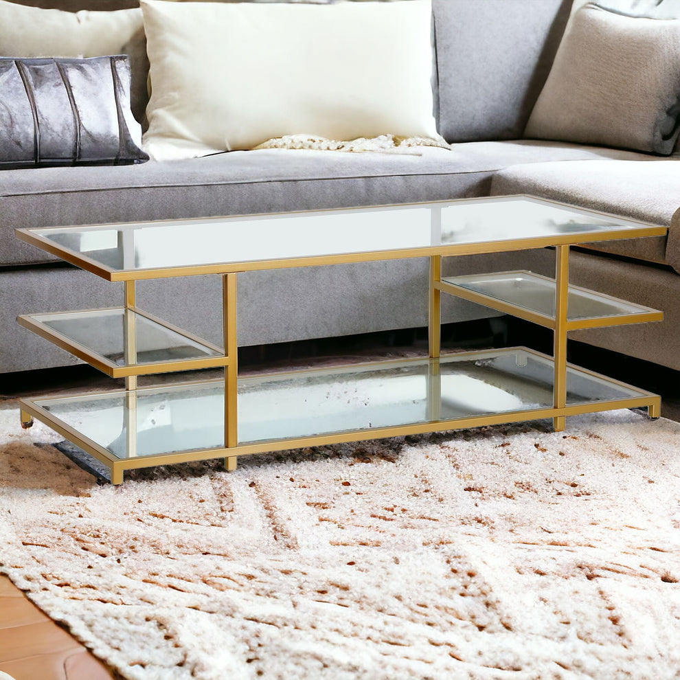 Gold Glass And Steel Coffee Table With Three Shelves By Homeroots | Coffee Tables | Modishstore - 7