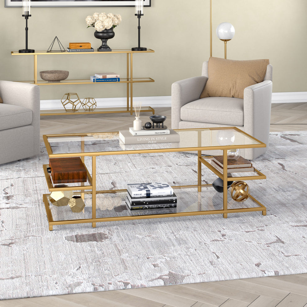 Gold Glass And Steel Coffee Table With Three Shelves By Homeroots | Coffee Tables | Modishstore - 4