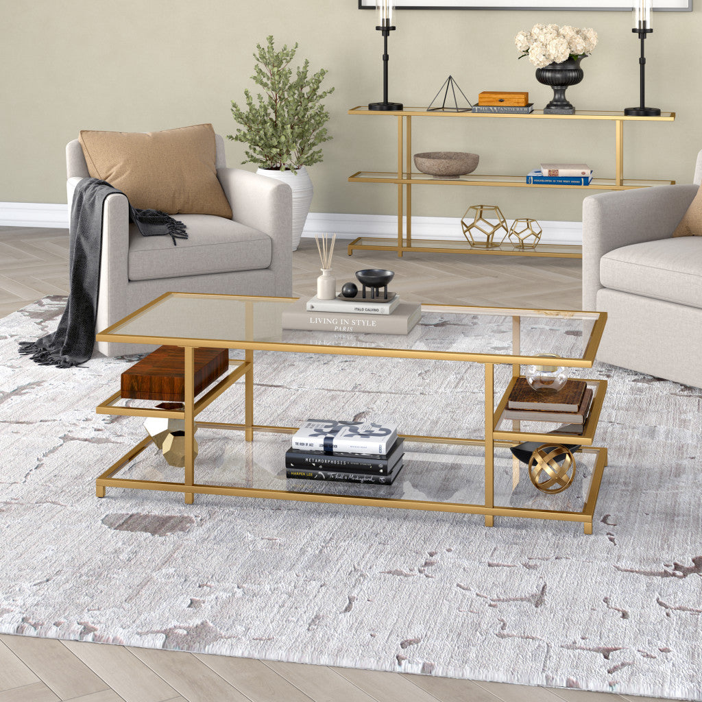 Gold Glass And Steel Coffee Table With Three Shelves - Thumbnail 4