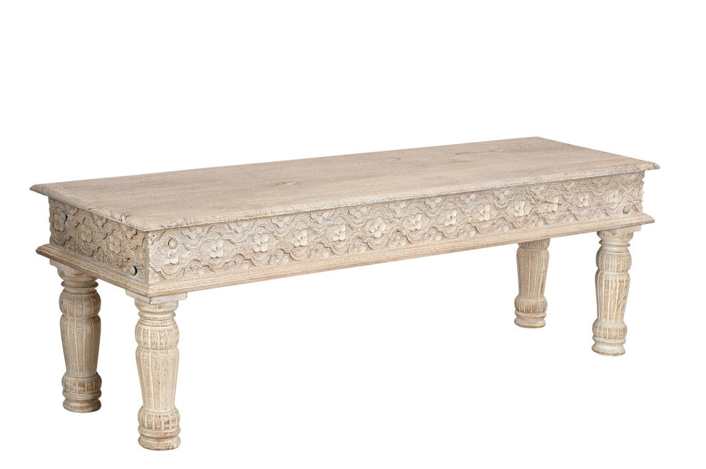 White Floral Distressed Solid Wood Dining Bench By Homeroots | Benches | Modishstore - 7
