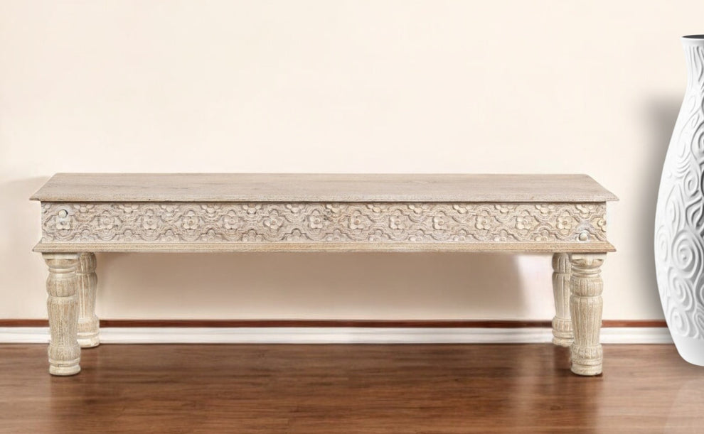 White Floral Distressed Solid Wood Dining Bench By Homeroots | Benches | Modishstore - 5