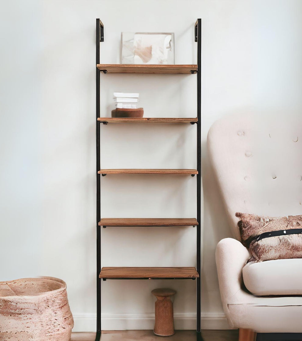 Brown Metal and Solid Wood Five Tier Ladder Bookcase By Homeroots | Bookcases | Modishstore - 4