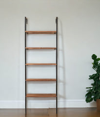 Brown Metal and Solid Wood Five Tier Ladder Bookcase By Homeroots