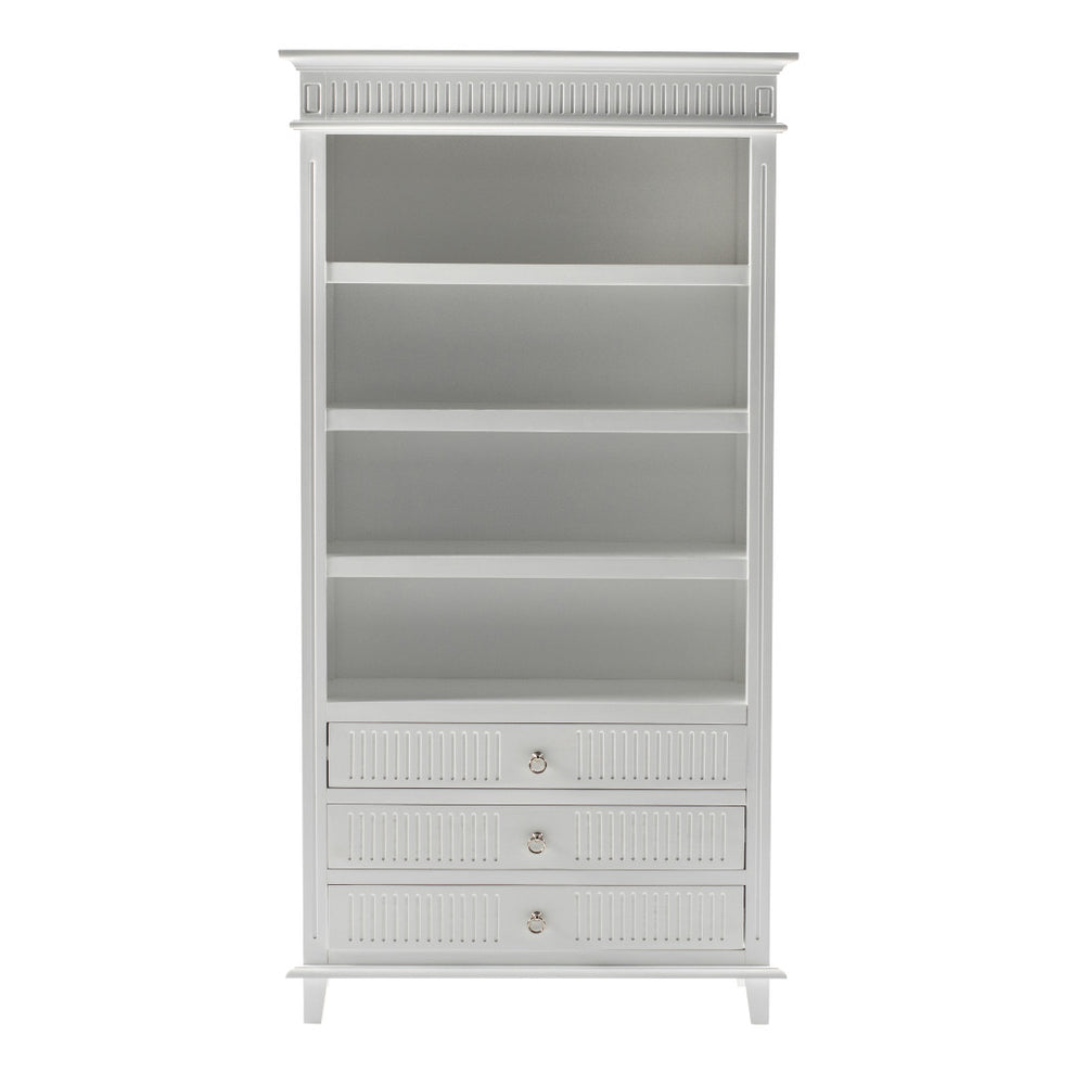 Antiqued White Solid Wood Four Tier Bookcase with Three Drawers By Homeroots | Bookcases | Modishstore - 2