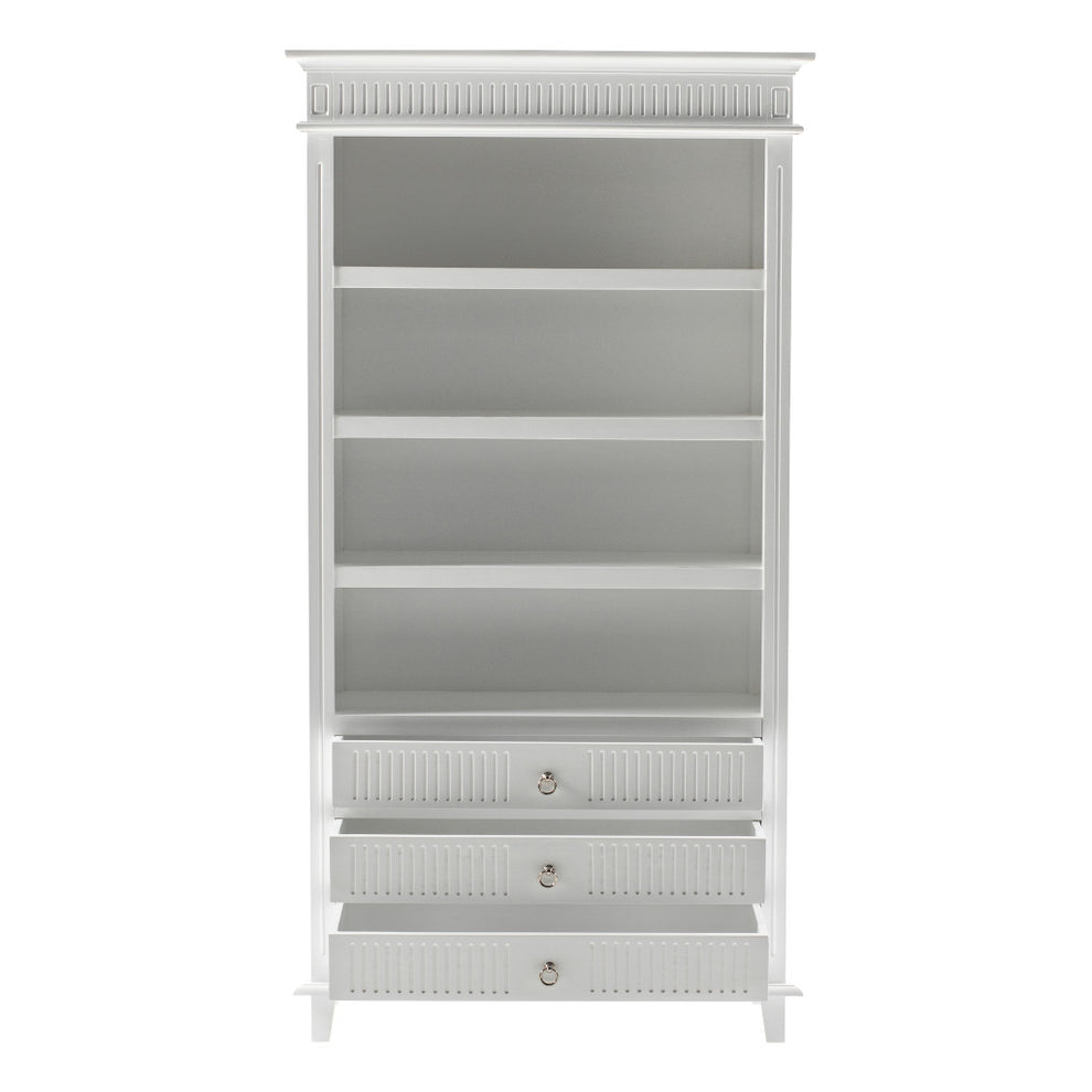 Antiqued White Solid Wood Four Tier Bookcase with Three Drawers By Homeroots | Bookcases | Modishstore - 5
