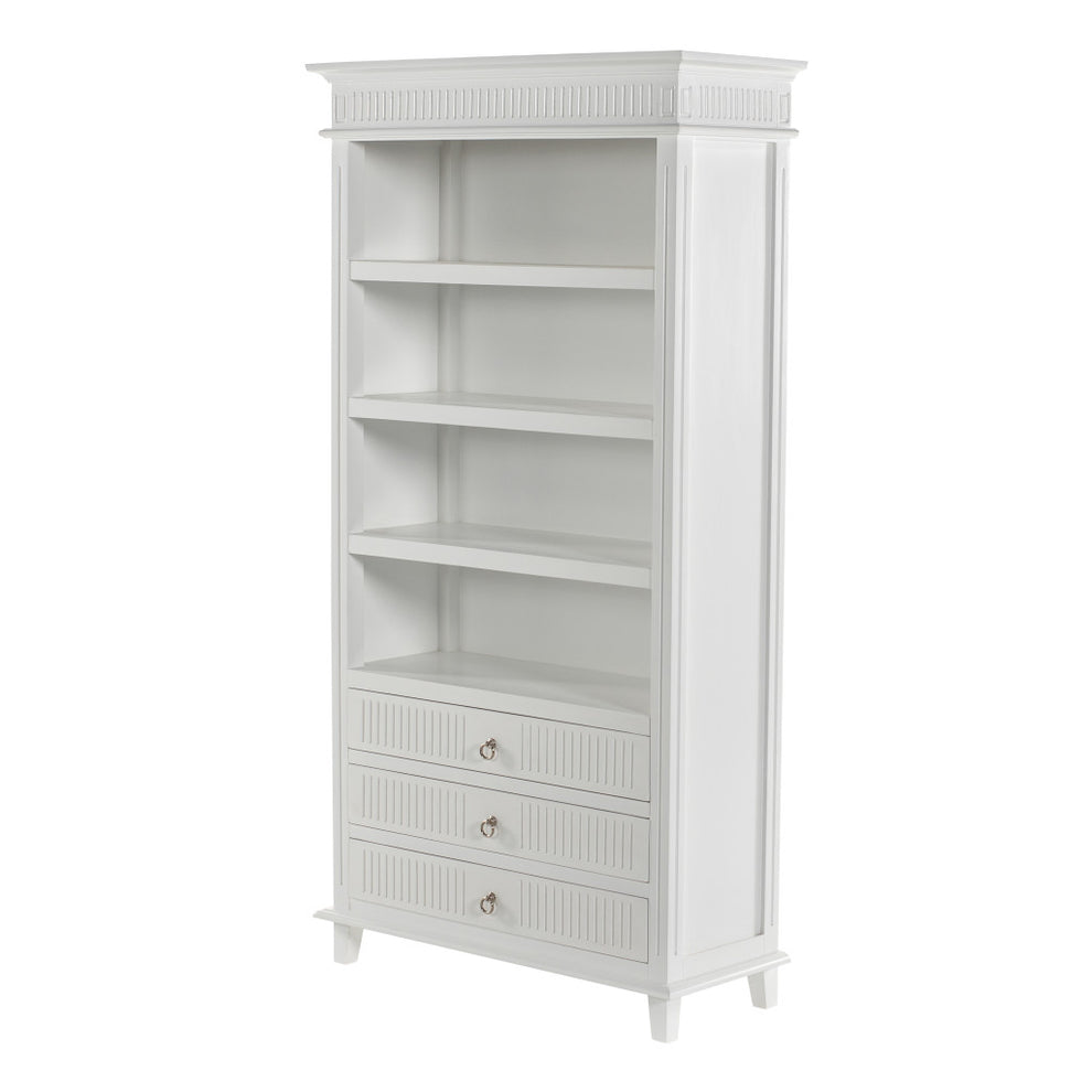 Antiqued White Solid Wood Four Tier Bookcase with Three Drawers By Homeroots | Bookcases | Modishstore - 3