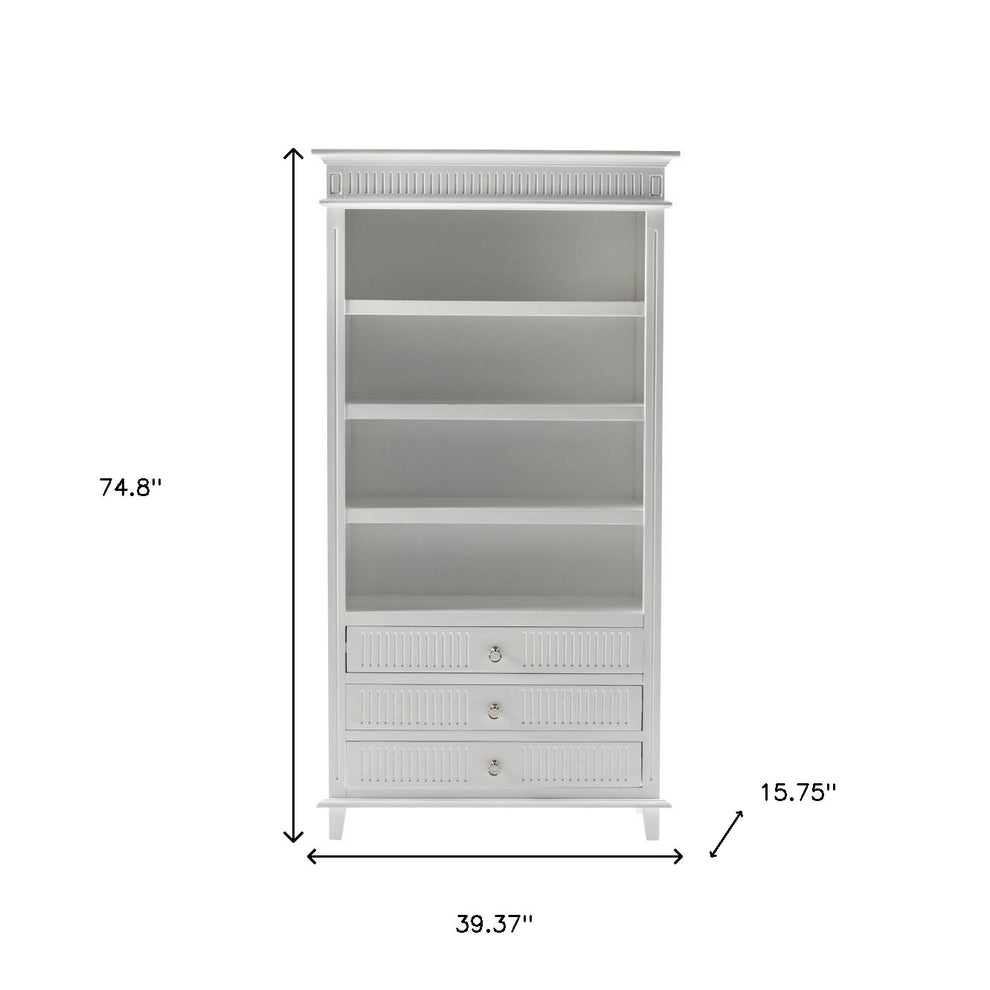 Antiqued White Solid Wood Four Tier Bookcase with Three Drawers By Homeroots | Bookcases | Modishstore - 4