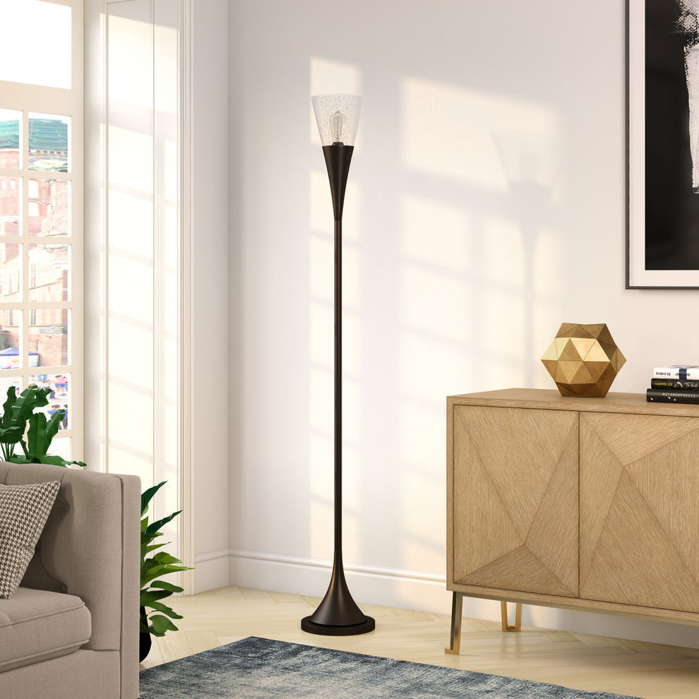 Black Torchiere Floor Lamp With Clear Seeded Glass Cone Shade By Homeroots | Floor Lamps | Modishstore - 5