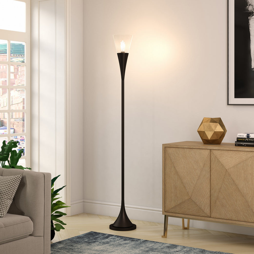 Black Torchiere Floor Lamp With Clear Seeded Glass Cone Shade By Homeroots | Floor Lamps | Modishstore - 6