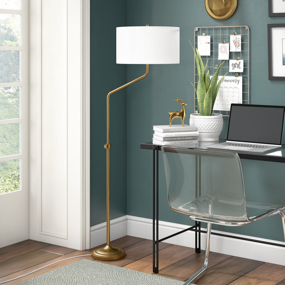 Brass Adjustable Traditional Shaped Floor Lamp With White Frosted Glass Drum Shade By Homeroots | Floor Lamps | Modishstore - 5