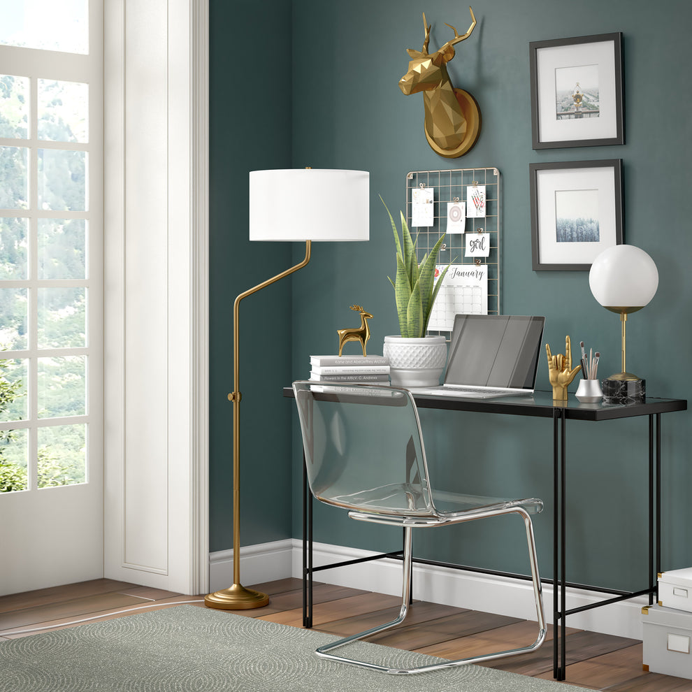 Brass Adjustable Traditional Shaped Floor Lamp With White Frosted Glass Drum Shade By Homeroots | Floor Lamps | Modishstore - 2