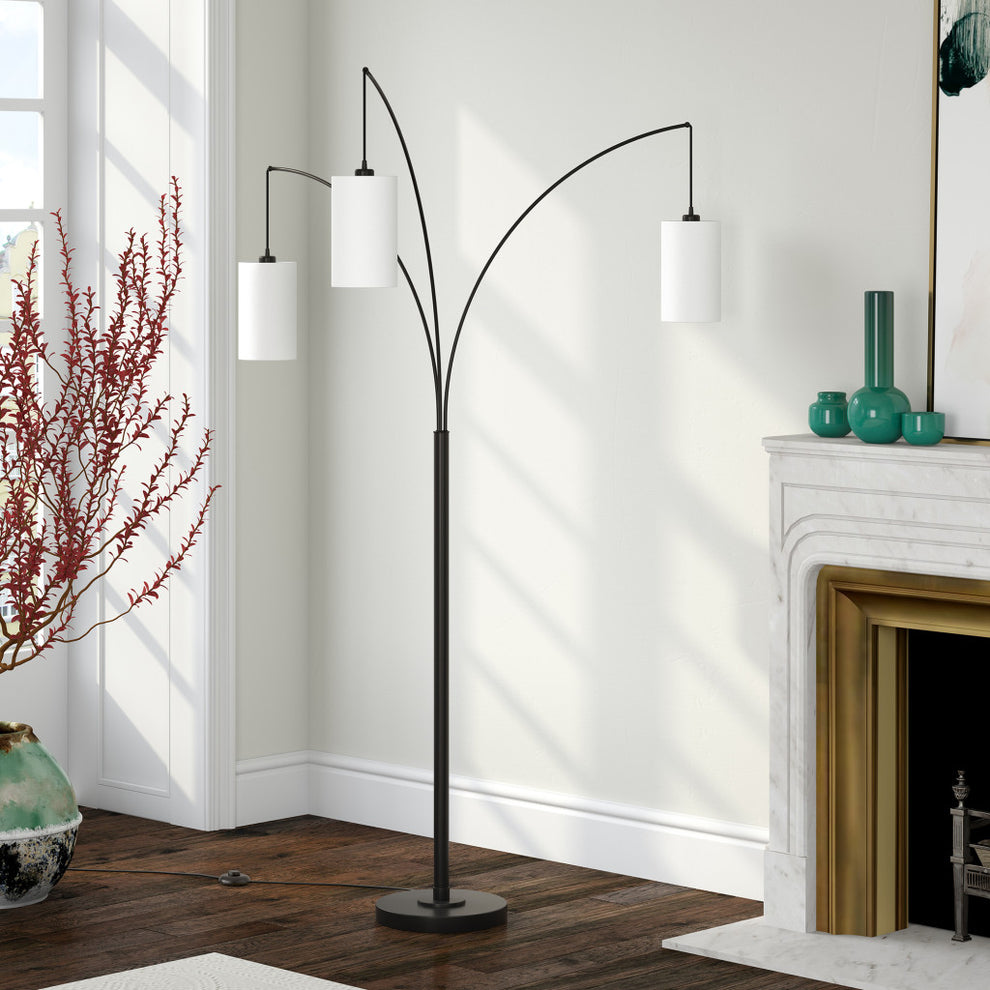 Black Three Light Torchiere Floor Lamp With White Frosted Glass Drum Shade By Homeroots | Floor Lamps | Modishstore - 2