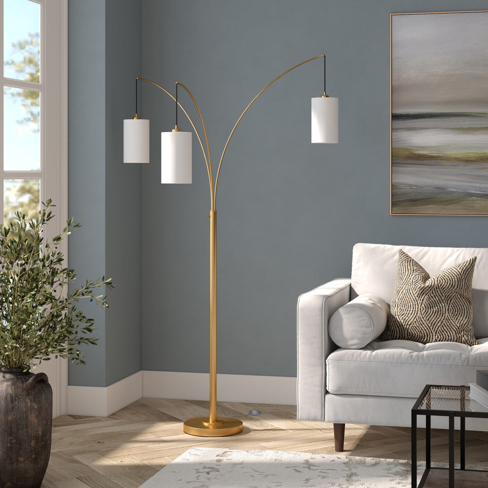 Brass Three Light Tree Floor Lamp With White Frosted Glass Drum Shade By Homeroots | Floor Lamps | Modishstore - 6