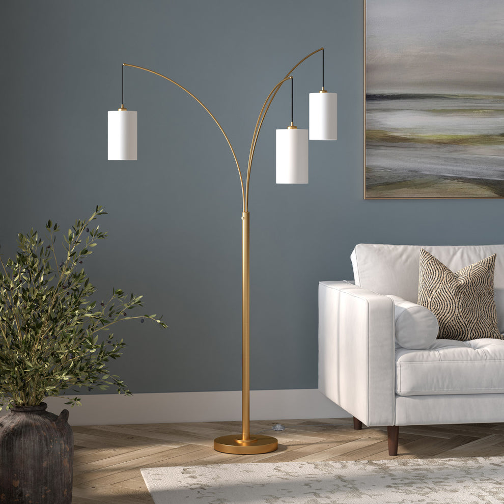 Brass Three Light Tree Floor Lamp With White Frosted Glass Drum Shade By Homeroots | Floor Lamps | Modishstore - 2