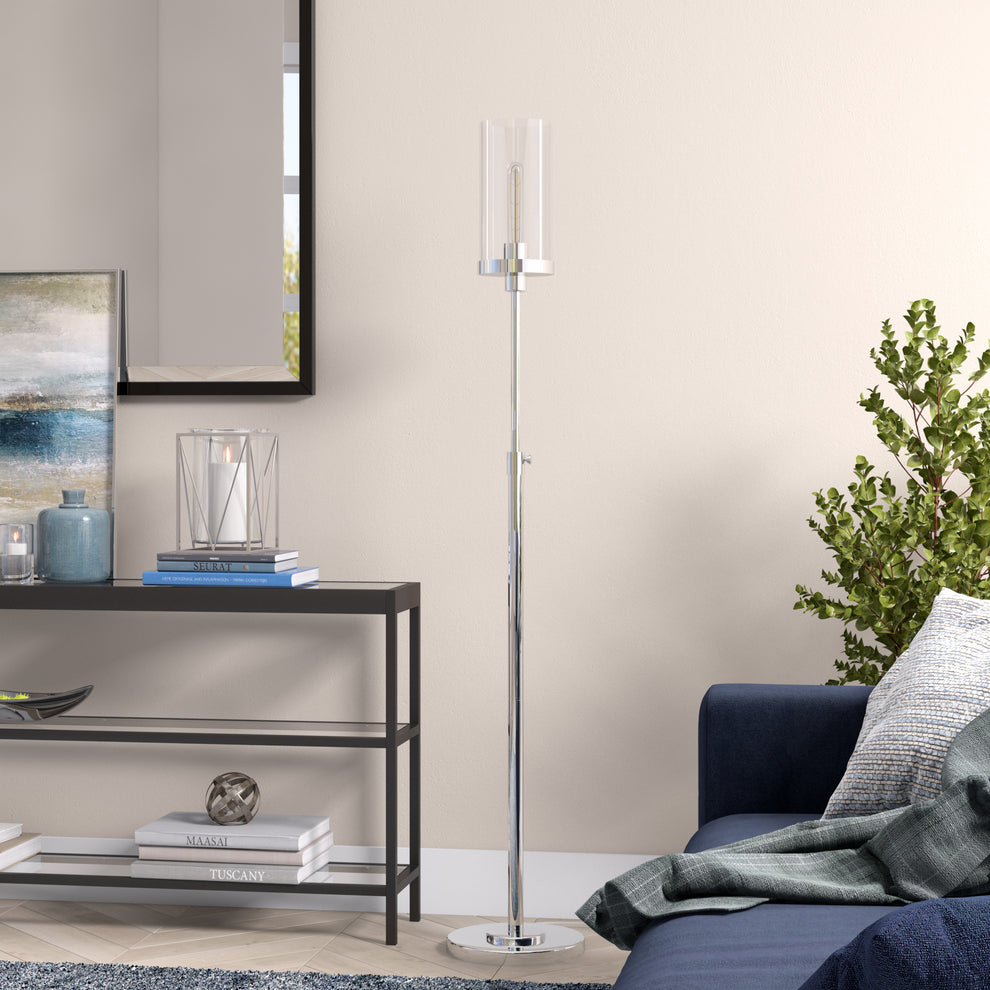 Nickel Torchiere Floor Lamp With Clear Transparent Glass Drum Shade By Homeroots | Floor Lamps | Modishstore - 6