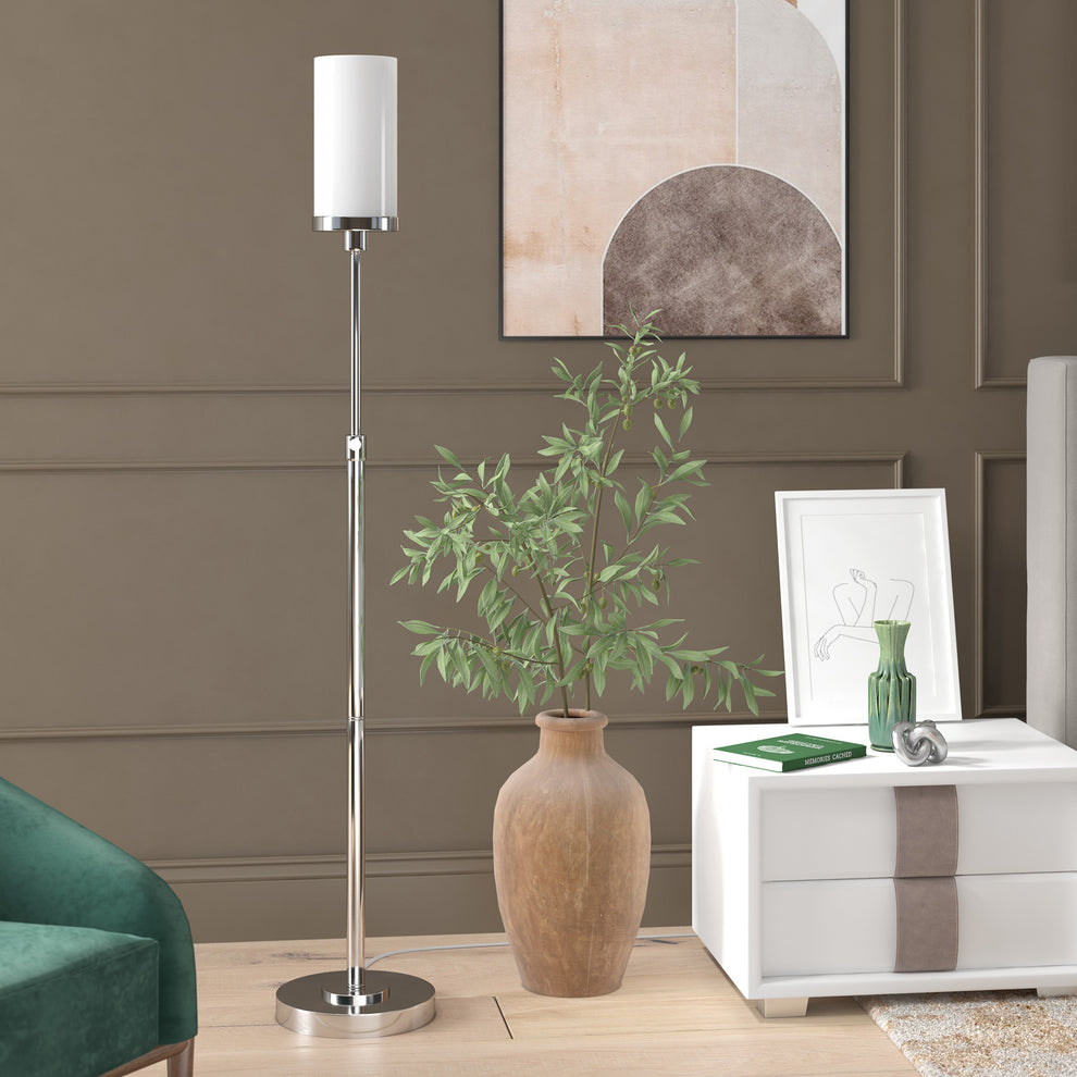 Nickel Torchiere Floor Lamp With White Frosted Glass Drum Shade By Homeroots | Floor Lamps | Modishstore - 6