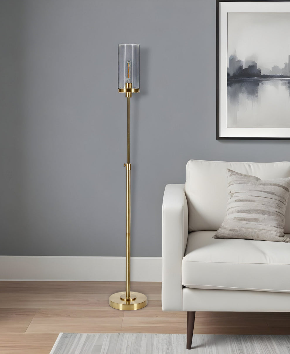 Brass Adjustable Torchiere Floor Lamp With Clear Glass Cylinder Shade By Homeroots | Floor Lamps | Modishstore - 2