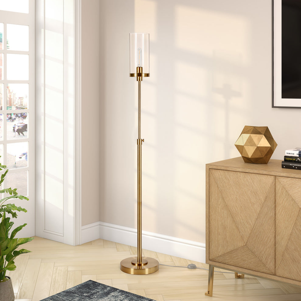 Brass Adjustable Torchiere Floor Lamp With Clear Glass Cylinder Shade By Homeroots | Floor Lamps | Modishstore - 6