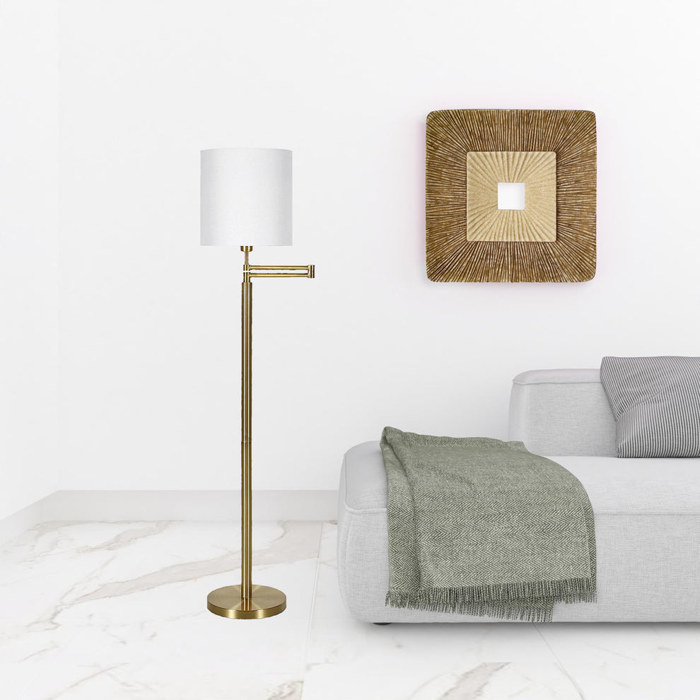 Brass Swing Arm Floor Lamp With White Frosted Glass Drum Shade By Homeroots | Floor Lamps | Modishstore - 3