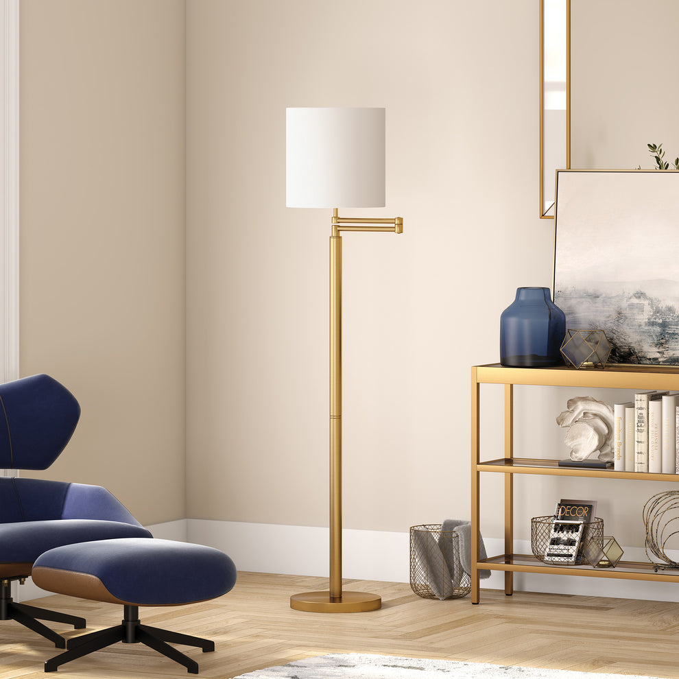 Brass Swing Arm Floor Lamp With White Frosted Glass Drum Shade By Homeroots | Floor Lamps | Modishstore - 5