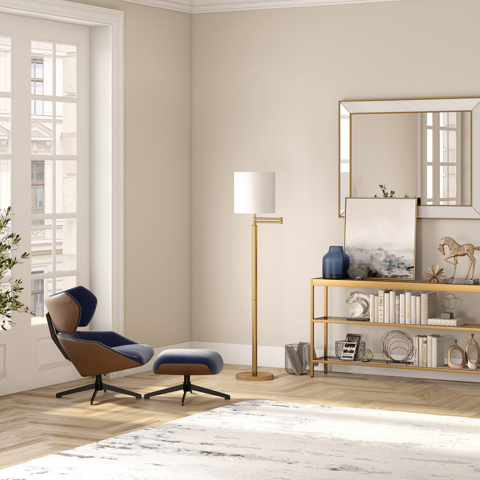 Brass Swing Arm Floor Lamp With White Frosted Glass Drum Shade By Homeroots | Floor Lamps | Modishstore - 6