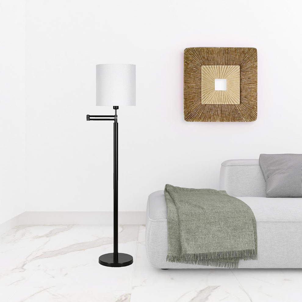 Black Swing Arm Floor Lamp With White Frosted Glass Drum Shade By Homeroots | Floor Lamps | Modishstore - 2