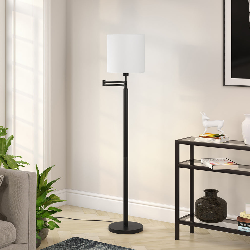Black Swing Arm Floor Lamp With White Frosted Glass Drum Shade By Homeroots | Floor Lamps | Modishstore - 4