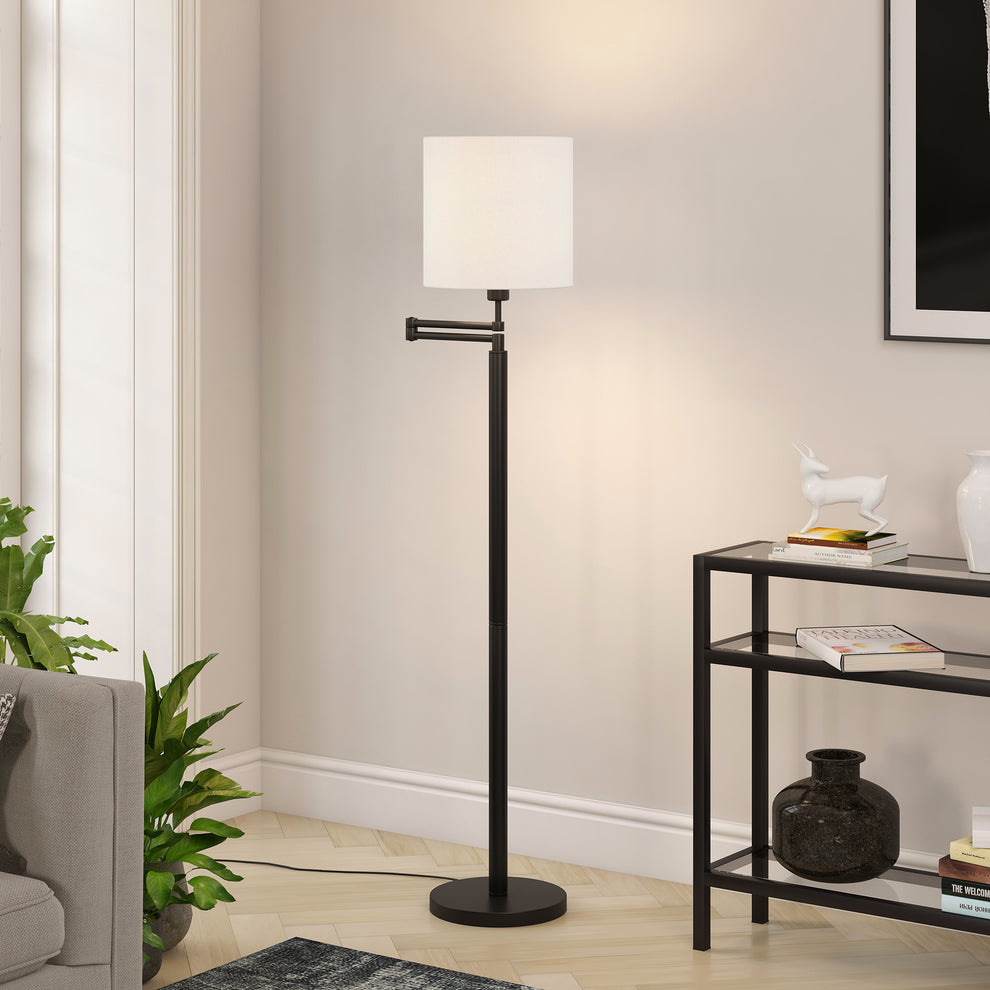 Black Swing Arm Floor Lamp With White Frosted Glass Drum Shade By Homeroots | Floor Lamps | Modishstore - 5