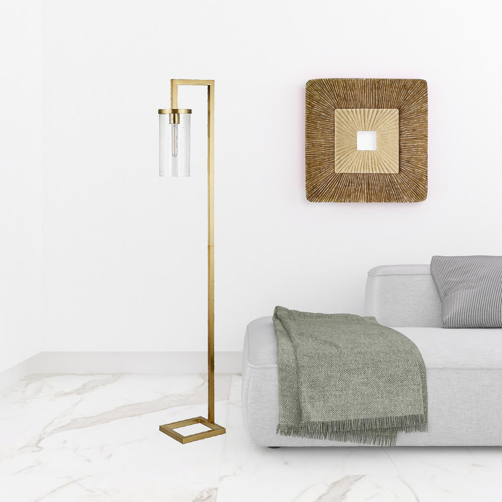 Brass Reading Floor Lamp With Clear Seeded Glass Drum Shade By Homeroots | Floor Lamps | Modishstore - 3