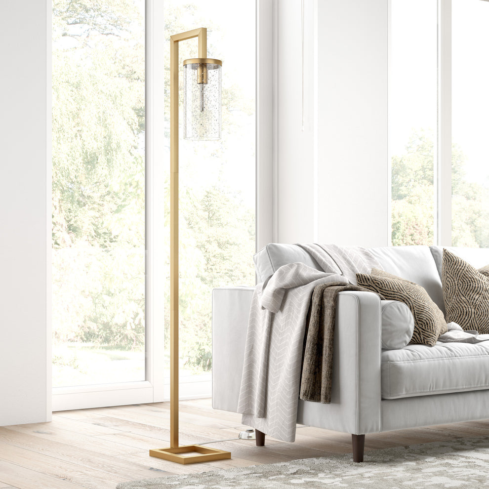Brass Reading Floor Lamp With Clear Seeded Glass Drum Shade By Homeroots | Floor Lamps | Modishstore - 4
