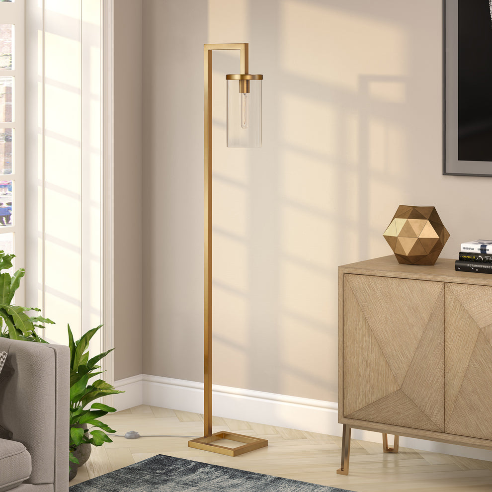 Brass Reading Floor Lamp With Clear Transparent Glass Drum Shade By Homeroots | Floor Lamps | Modishstore - 5