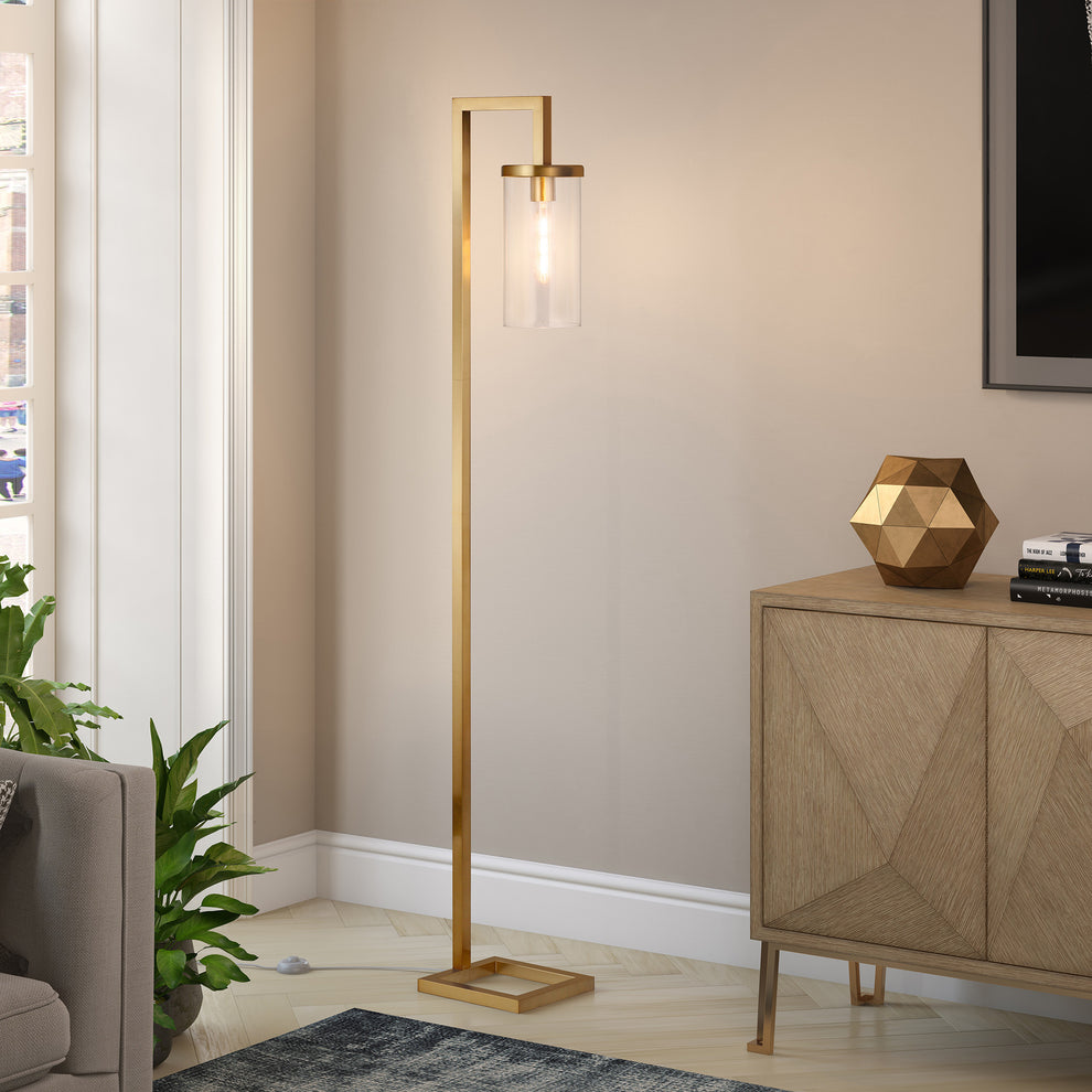 Brass Reading Floor Lamp With Clear Transparent Glass Drum Shade By Homeroots | Floor Lamps | Modishstore - 6
