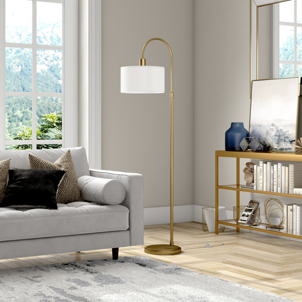 Brass Arched Floor Lamp With White Frosted Glass Drum Shade By Homeroots | Floor Lamps | Modishstore - 4