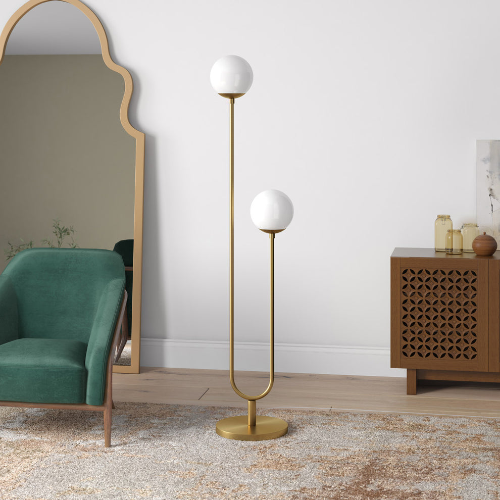 Gold And White Two Light Novelty Floor Lamp With White Glass Globe Shade By Homeroots | Floor Lamps | Modishstore - 4