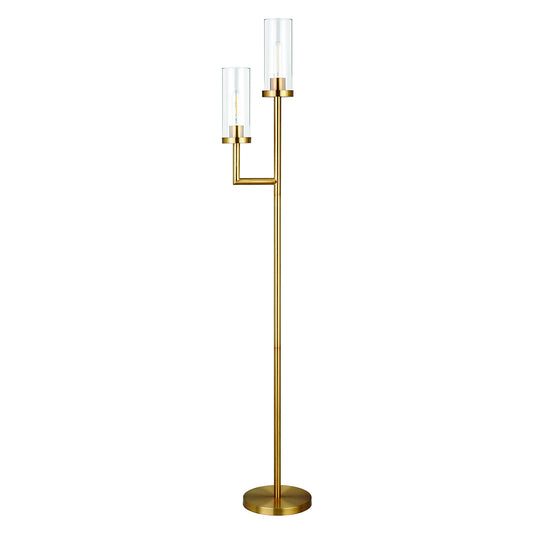 Brass Two Light Torchiere Floor Lamp With Clear Transparent Glass Drum Shade By Homeroots | Floor Lamps | Modishstore - 1
