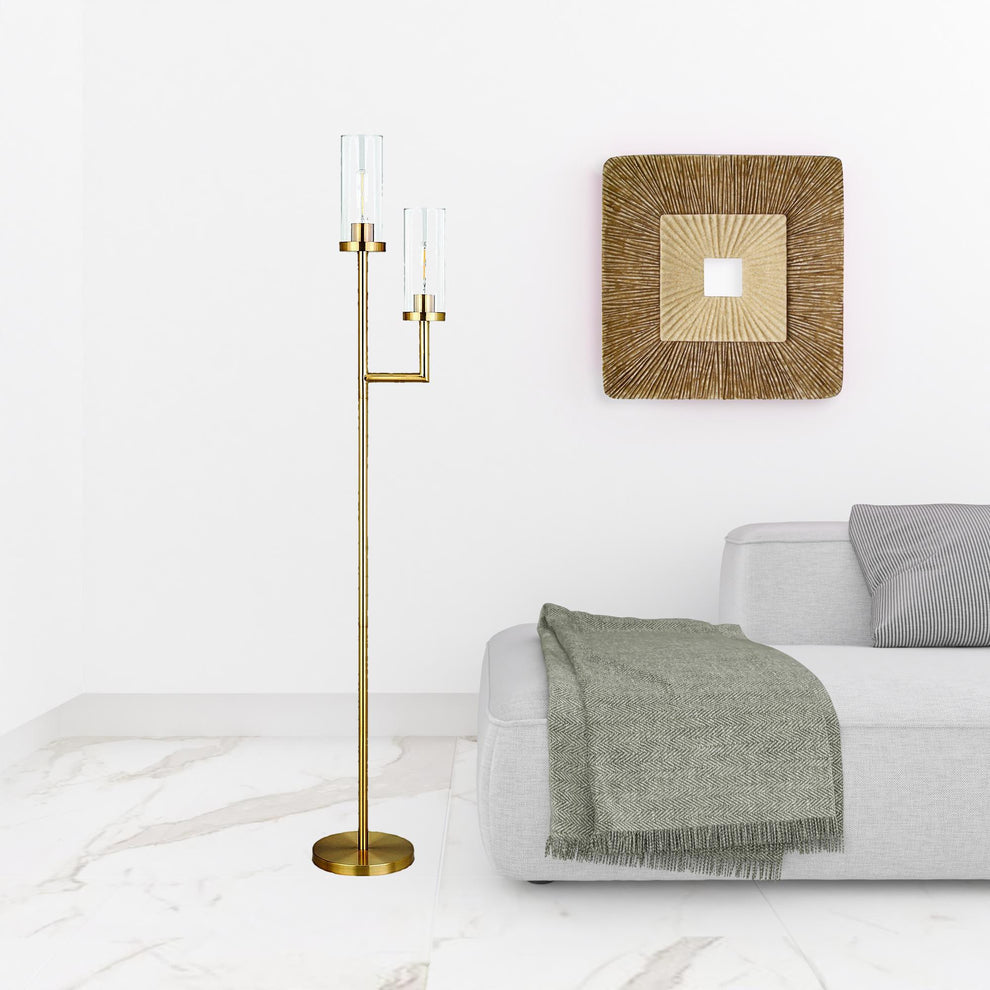 Brass Two Light Torchiere Floor Lamp With Clear Transparent Glass Drum Shade By Homeroots | Floor Lamps | Modishstore - 3