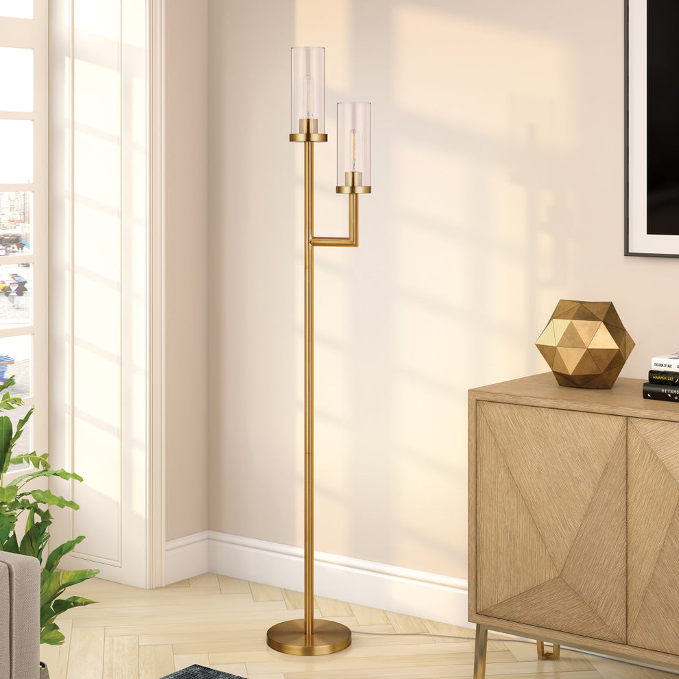 Brass Two Light Torchiere Floor Lamp With Clear Transparent Glass Drum Shade By Homeroots | Floor Lamps | Modishstore - 5
