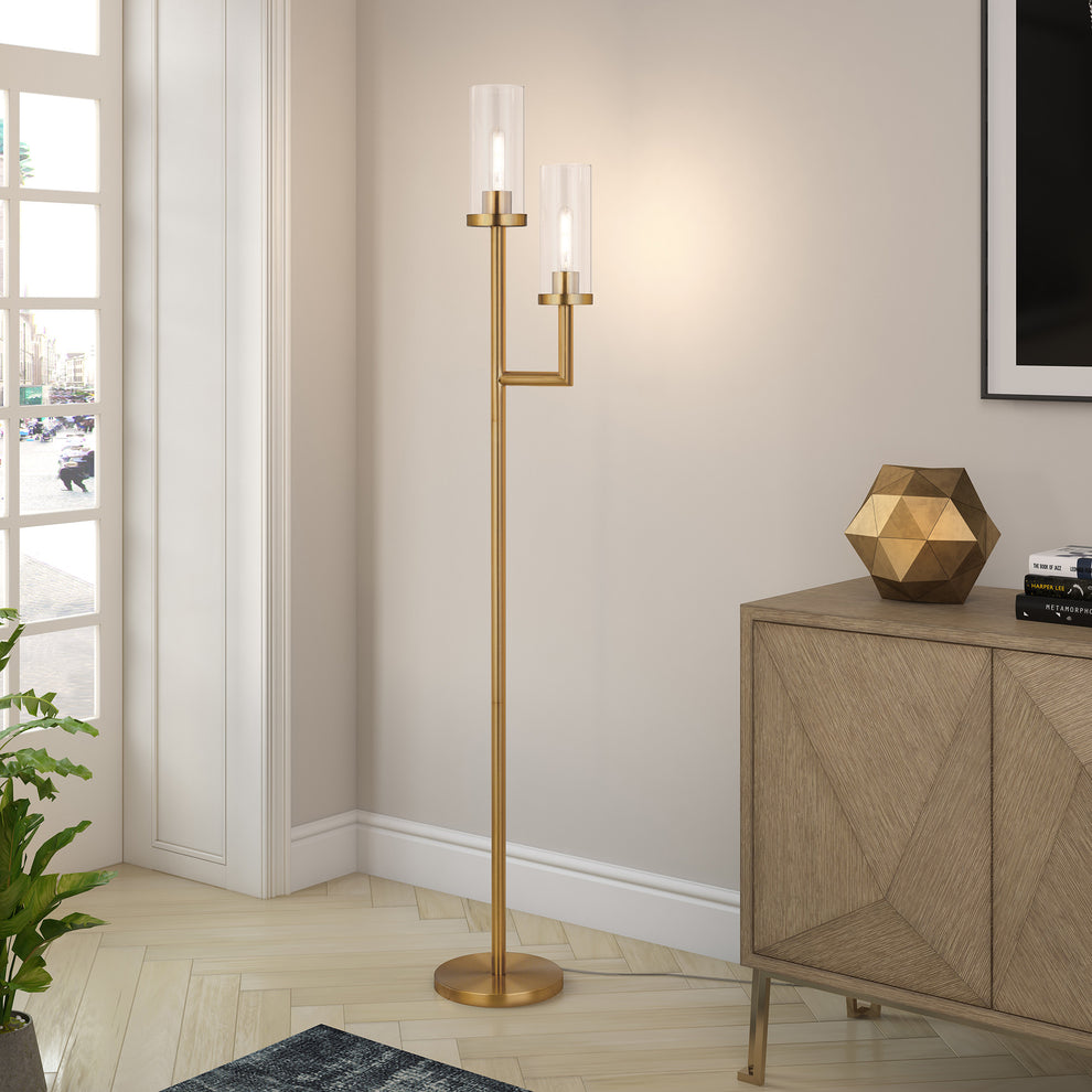 Brass Two Light Torchiere Floor Lamp With Clear Transparent Glass Drum Shade By Homeroots | Floor Lamps | Modishstore - 6