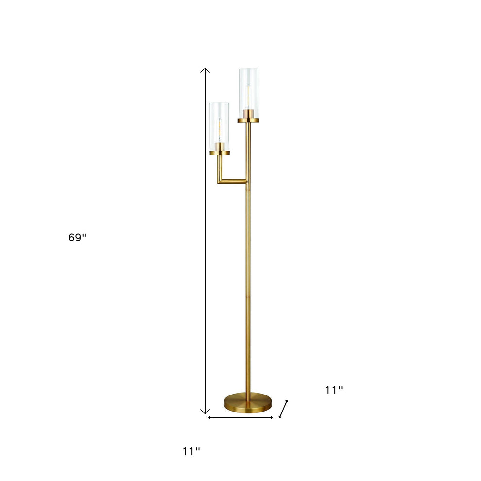 Brass Two Light Torchiere Floor Lamp With Clear Transparent Glass Drum Shade By Homeroots | Floor Lamps | Modishstore - 7
