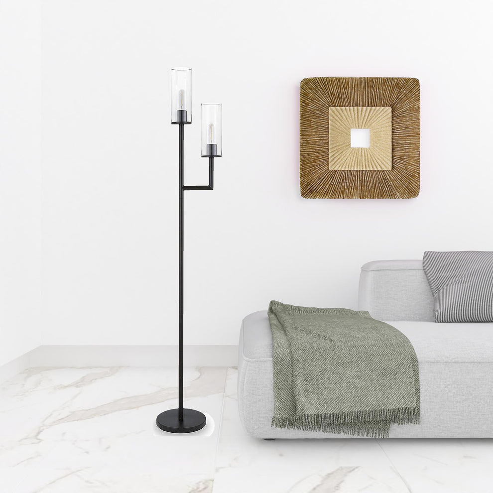 Black Two Light Torchiere Floor Lamp With Clear Transparent Glass Drum Shade By Homeroots | Floor Lamps | Modishstore - 2