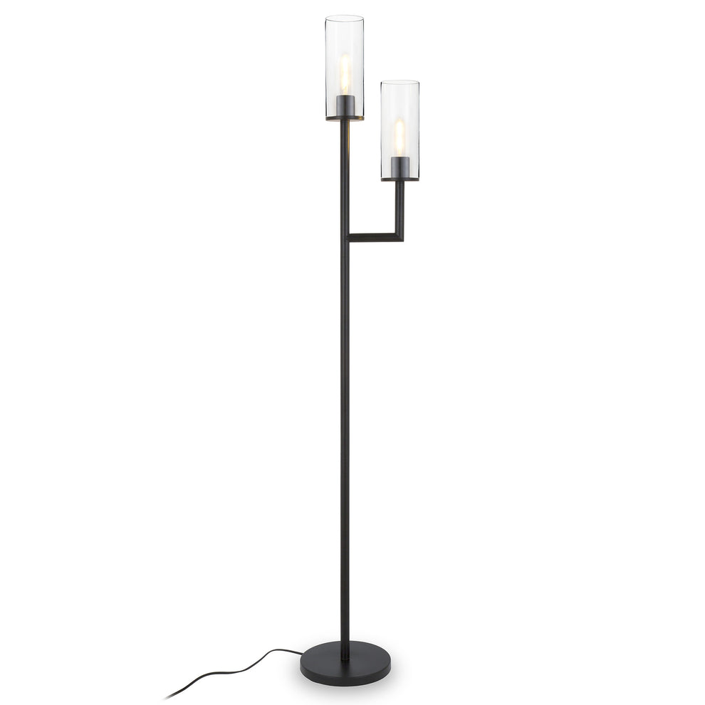 Black Two Light Torchiere Floor Lamp With Clear Transparent Glass Drum Shade By Homeroots | Floor Lamps | Modishstore - 6