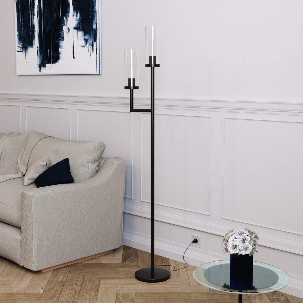 Black Two Light Torchiere Floor Lamp With Clear Transparent Glass Drum Shade By Homeroots | Floor Lamps | Modishstore - 4