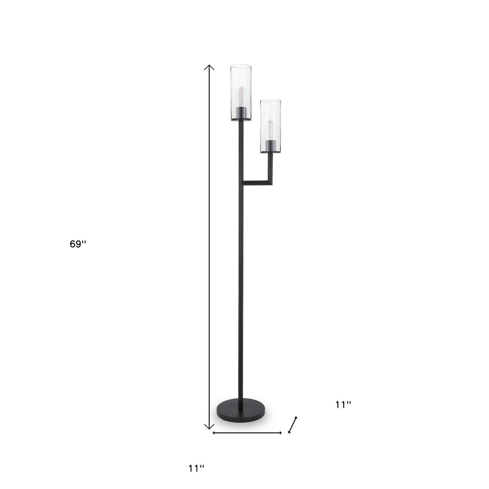 Black Two Light Torchiere Floor Lamp With Clear Transparent Glass Drum Shade By Homeroots | Floor Lamps | Modishstore - 7