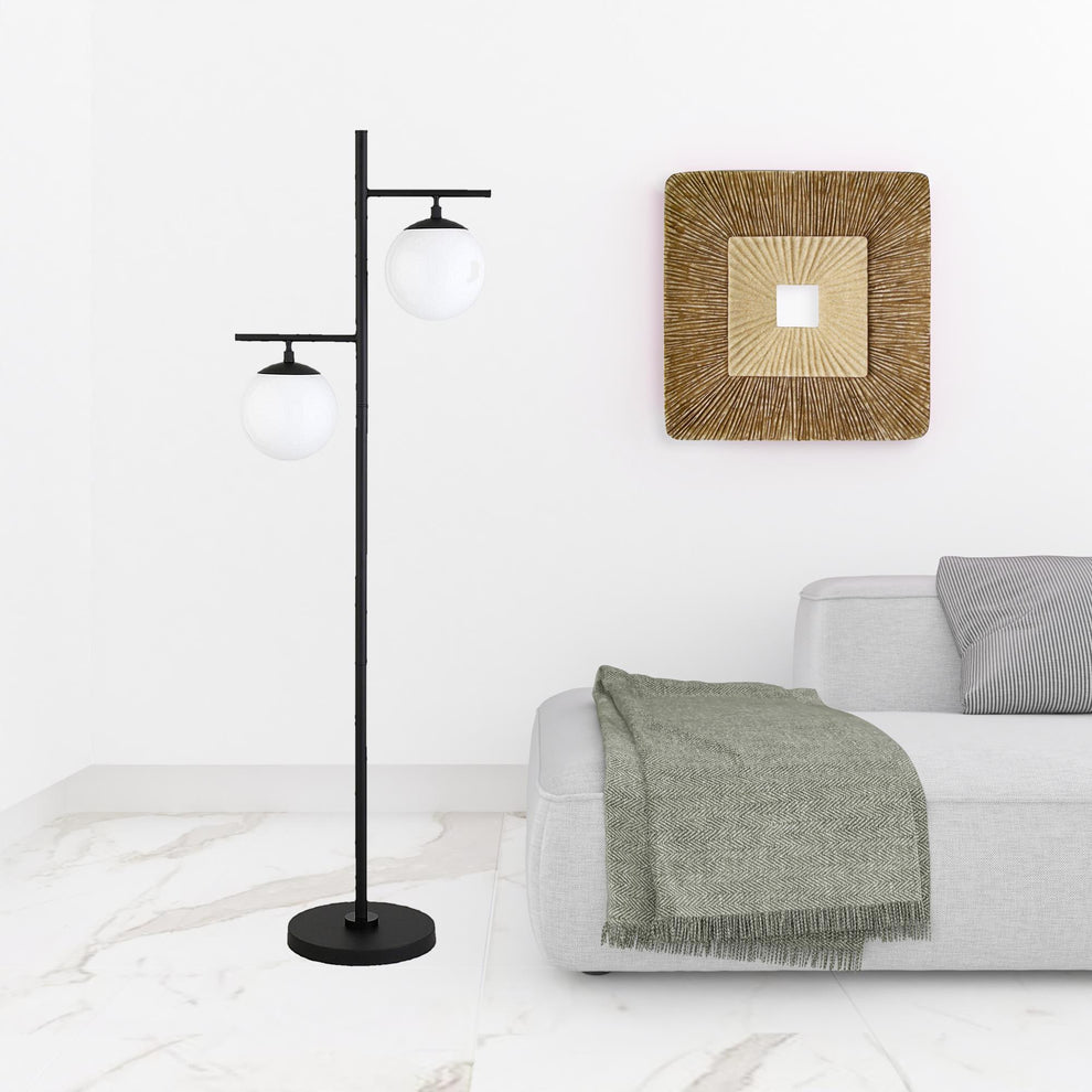 Black And White Two Light Tree Floor Lamp With White Glass Globe Shade By Homeroots | Floor Lamps | Modishstore - 2