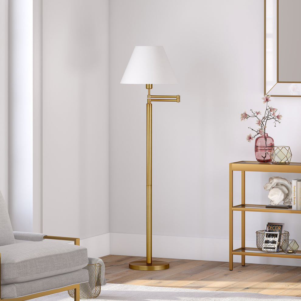Gold And White Swing Arm Floor Lamp With White Fabric Empire Shade By Homeroots | Floor Lamps | Modishstore - 7