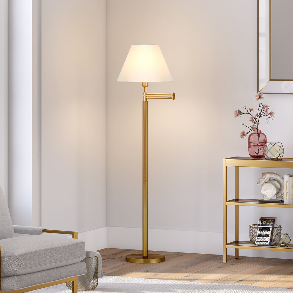 Gold And White Swing Arm Floor Lamp With White Fabric Empire Shade By Homeroots | Floor Lamps | Modishstore - 8