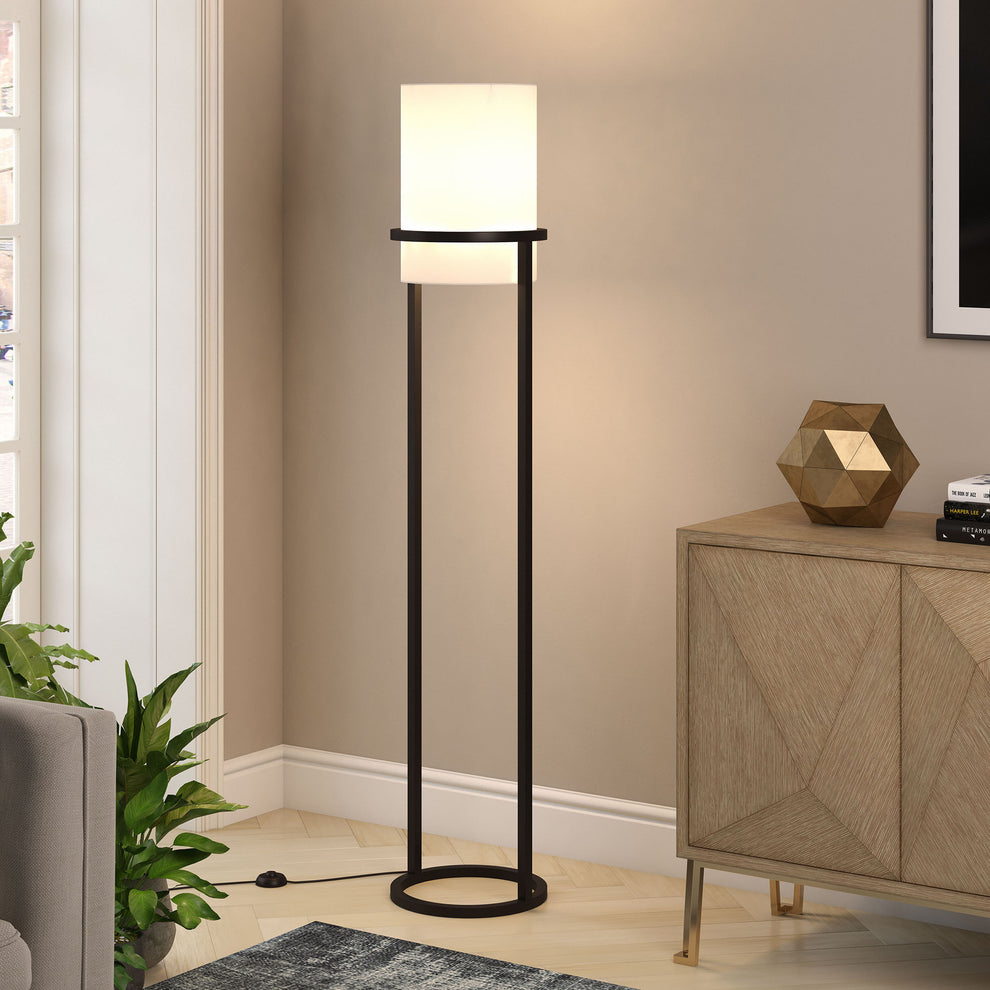 Black Column Floor Lamp With White Fabric Drum Shade By Homeroots | Floor Lamps | Modishstore - 6