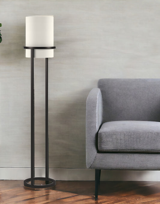 Black Column Floor Lamp With White Fabric Drum Shade By Homeroots | Floor Lamps | Modishstore - 1